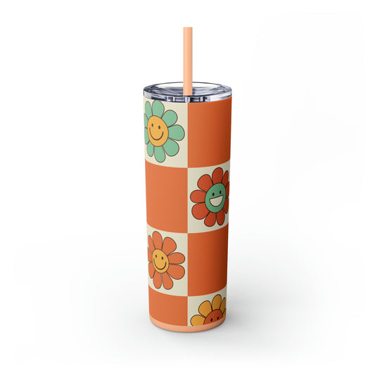 Checkers & Daisies Skinny Tumbler-Mug-Printify-Olive Grove Coffee-Eco-friendly stainless steel 20oz tumbler with double-wall insulation-Modern Tumbler- Funky Tumblers - Funny tumblers - Trendy Tumblers - Artistic Tumbler