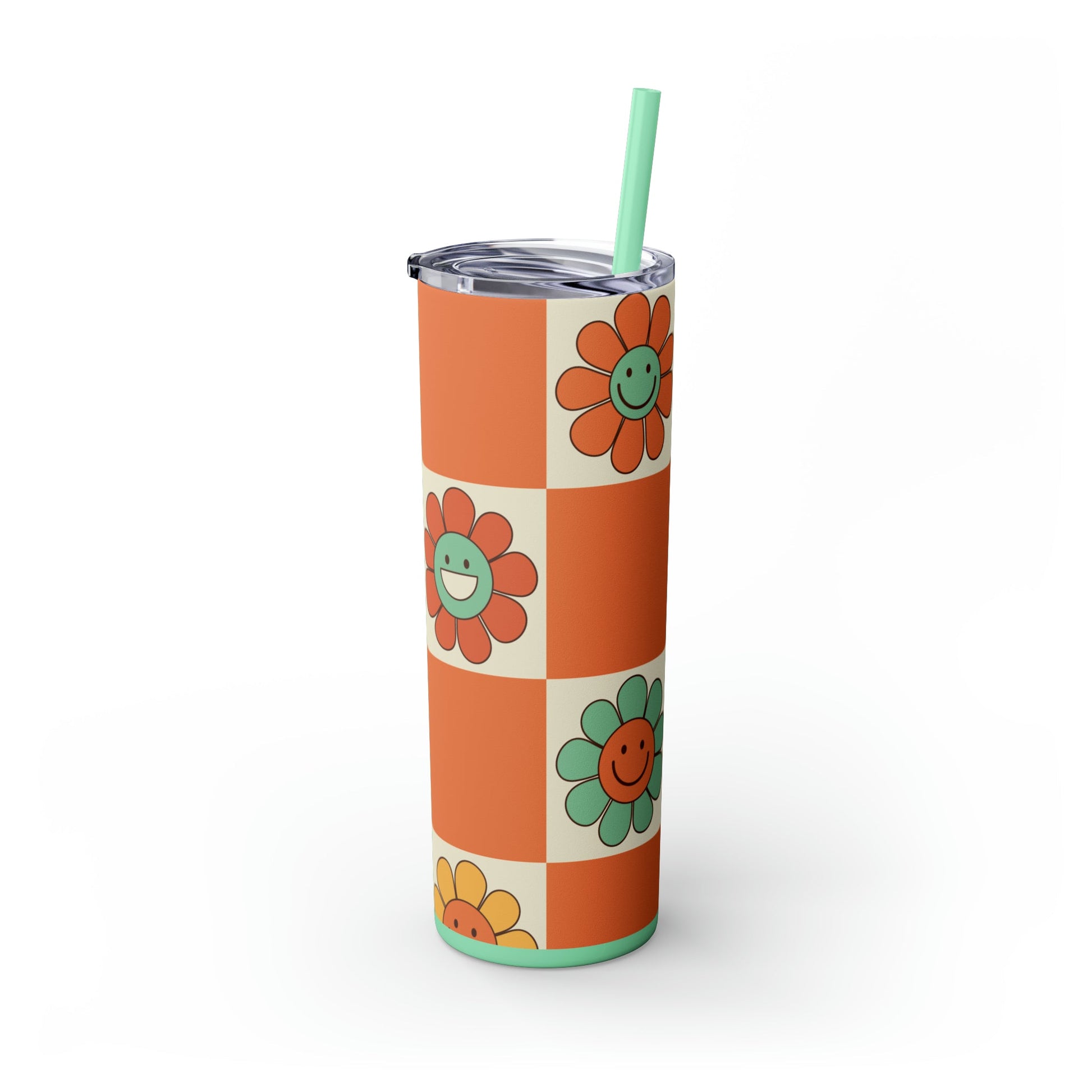 Checkers & Daisies Skinny Tumbler-Mug-Printify-Olive Grove Coffee-Eco-friendly stainless steel 20oz tumbler with double-wall insulation-Modern Tumbler- Funky Tumblers - Funny tumblers - Trendy Tumblers - Artistic Tumbler