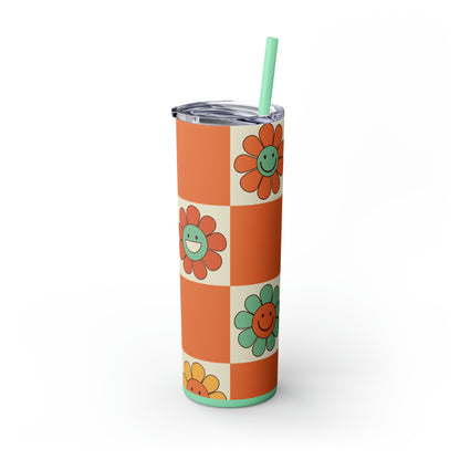 Checkers & Daisies Skinny Tumbler-Mug-Printify-Olive Grove Coffee-Eco-friendly stainless steel 20oz tumbler with double-wall insulation-Modern Tumbler- Funky Tumblers - Funny tumblers - Trendy Tumblers - Artistic Tumbler