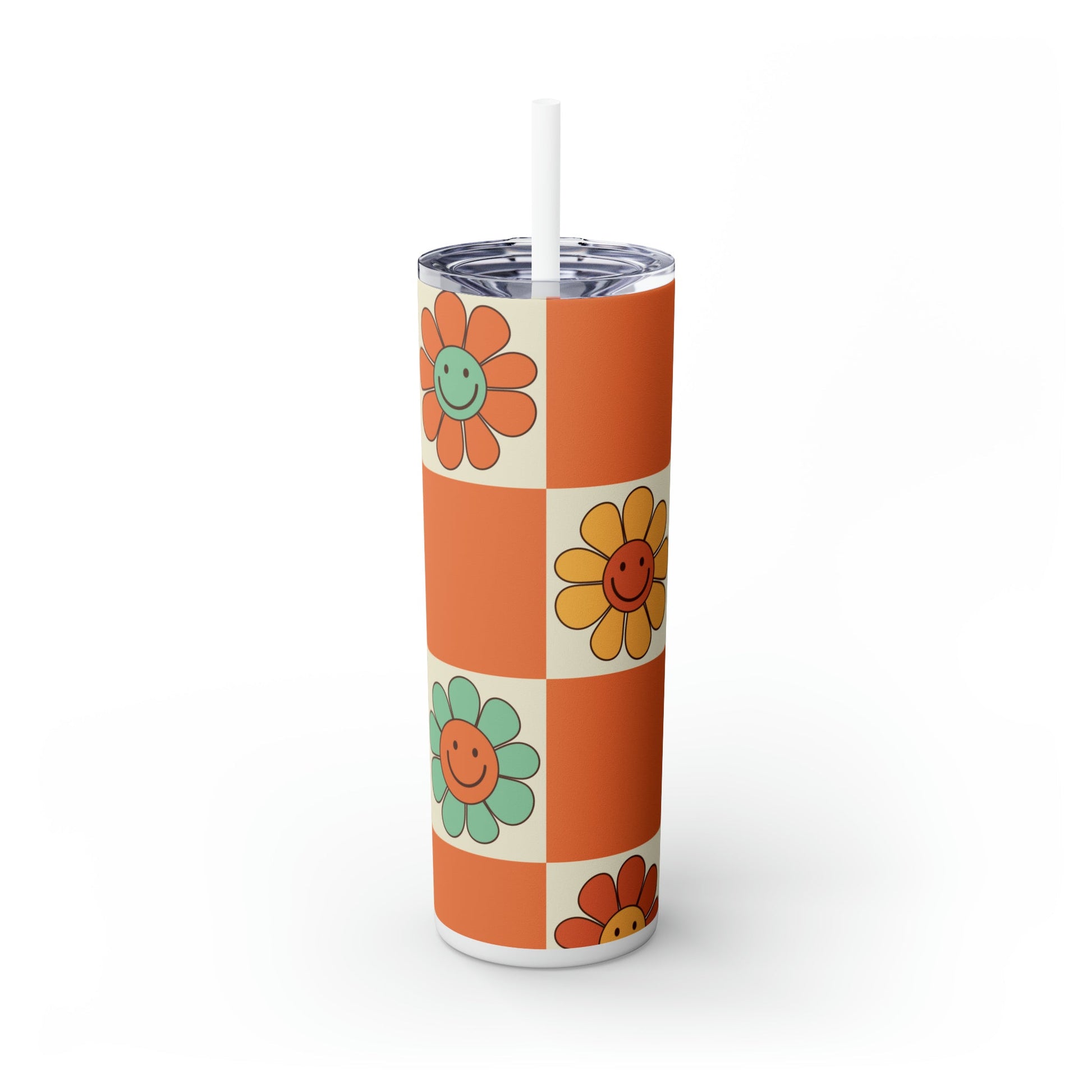 Checkers & Daisies Skinny Tumbler-Mug-Printify-Olive Grove Coffee-Eco-friendly stainless steel 20oz tumbler with double-wall insulation-Modern Tumbler- Funky Tumblers - Funny tumblers - Trendy Tumblers - Artistic Tumbler