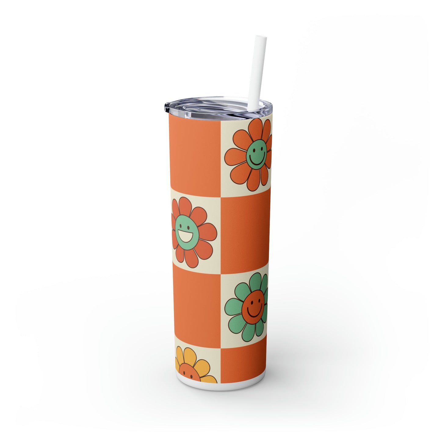 Checkers & Daisies Skinny Tumbler-Mug-Printify-Olive Grove Coffee-Eco-friendly stainless steel 20oz tumbler with double-wall insulation-Modern Tumbler- Funky Tumblers - Funny tumblers - Trendy Tumblers - Artistic Tumbler