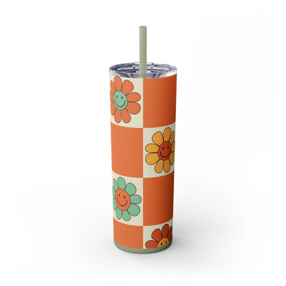 Checkers & Daisies Skinny Tumbler-Mug-Printify-Olive Grove Coffee-Eco-friendly stainless steel 20oz tumbler with double-wall insulation-Modern Tumbler- Funky Tumblers - Funny tumblers - Trendy Tumblers - Artistic Tumbler