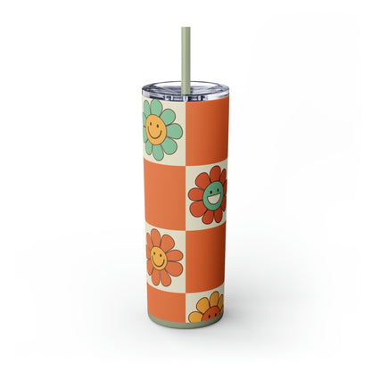 Checkers & Daisies Skinny Tumbler-Mug-Printify-Olive Grove Coffee-Eco-friendly stainless steel 20oz tumbler with double-wall insulation-Modern Tumbler- Funky Tumblers - Funny tumblers - Trendy Tumblers - Artistic Tumbler