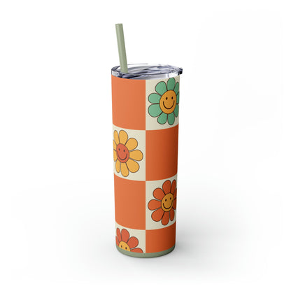 Checkers & Daisies Skinny Tumbler-Mug-Printify-Olive Grove Coffee-Eco-friendly stainless steel 20oz tumbler with double-wall insulation-Modern Tumbler- Funky Tumblers - Funny tumblers - Trendy Tumblers - Artistic Tumbler