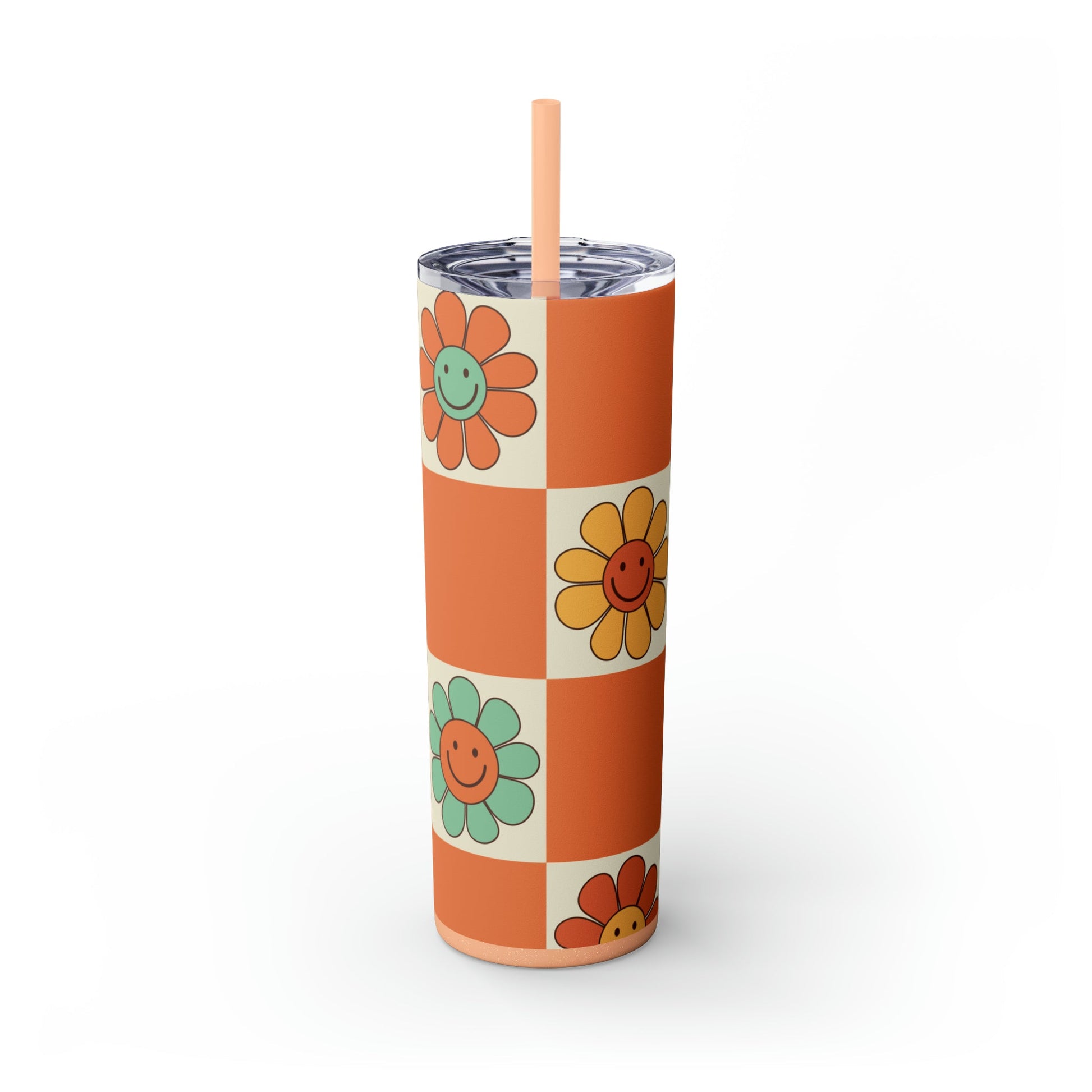 Checkers & Daisies Skinny Tumbler-Mug-Printify-Olive Grove Coffee-Eco-friendly stainless steel 20oz tumbler with double-wall insulation-Modern Tumbler- Funky Tumblers - Funny tumblers - Trendy Tumblers - Artistic Tumbler