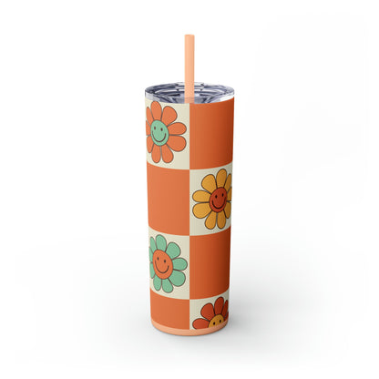 Checkers & Daisies Skinny Tumbler-Mug-Printify-Olive Grove Coffee-Eco-friendly stainless steel 20oz tumbler with double-wall insulation-Modern Tumbler- Funky Tumblers - Funny tumblers - Trendy Tumblers - Artistic Tumbler