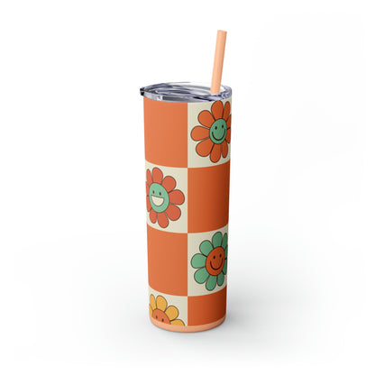 Checkers & Daisies Skinny Tumbler-Mug-Printify-Olive Grove Coffee-Eco-friendly stainless steel 20oz tumbler with double-wall insulation-Modern Tumbler- Funky Tumblers - Funny tumblers - Trendy Tumblers - Artistic Tumbler