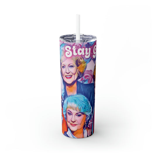 Golden Girls 'Stay Golden' Skinny Tumbler-Mug-Printify-Glossy-White-20oz-Olive Grove Coffee-Eco-friendly stainless steel 20oz tumbler with double-wall insulation-Modern Tumbler- Funky Tumblers - Funny tumblers - Trendy Tumblers - Artistic Tumbler