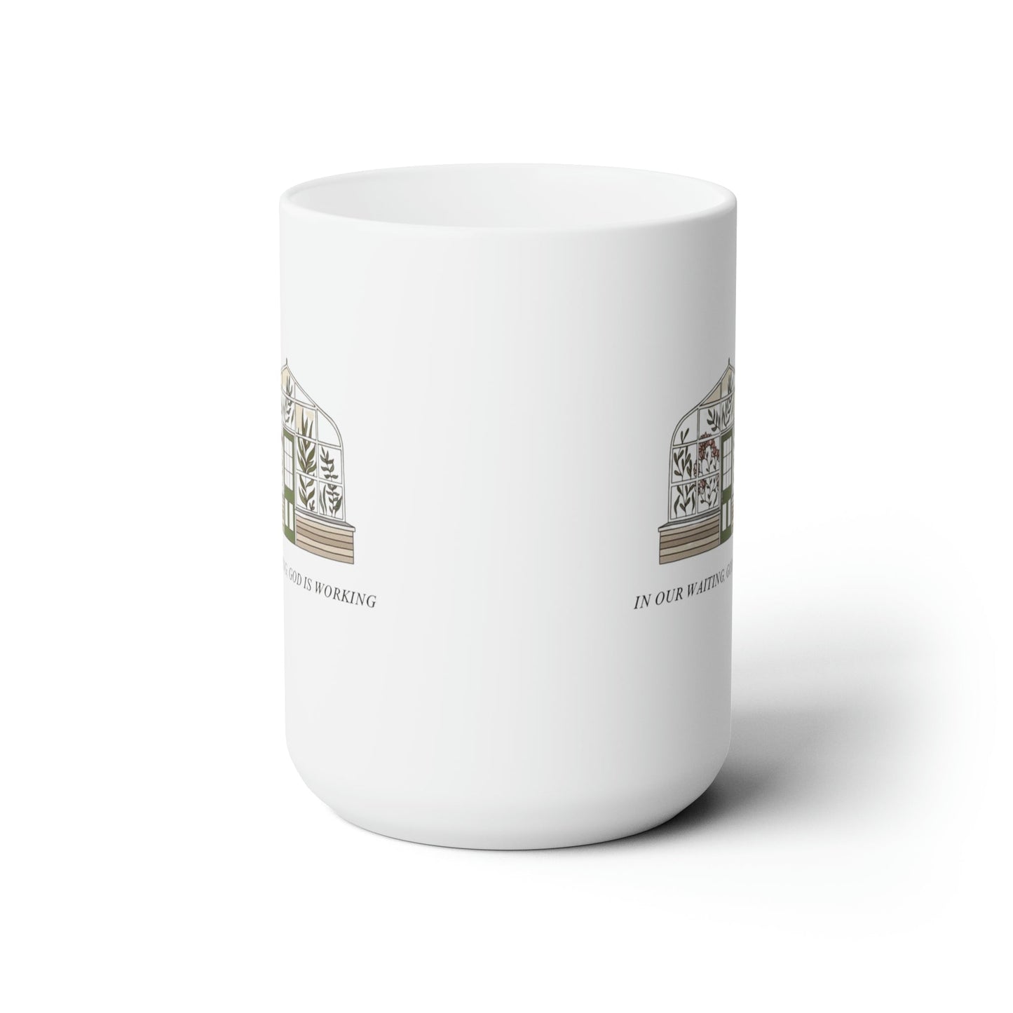 In Our Waiting God is Working Ceramic Mug-Mug-Printify-15oz-Olive Grove Coffee-ceramic coffee mugs-Modern mugs- Funky mugs- Funny mugs- Trendy mugs- Artistic mugs