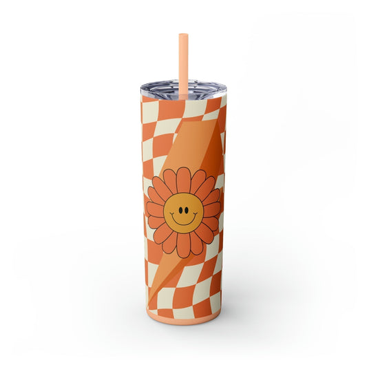 Orange Checkered Daisy Skinny Tumbler-Mug-Printify-Olive Grove Coffee-Eco-friendly stainless steel 20oz tumbler with double-wall insulation-Modern Tumbler- Funky Tumblers - Funny tumblers - Trendy Tumblers - Artistic Tumbler