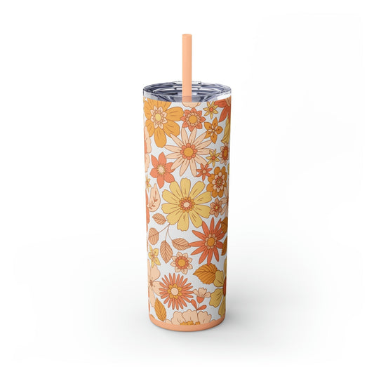 Peachy Retro Floral Skinny Tumbler-Mug-Printify-Olive Grove Coffee-Eco-friendly stainless steel 20oz tumbler with double-wall insulation-Modern Tumbler- Funky Tumblers - Funny tumblers - Trendy Tumblers - Artistic Tumbler