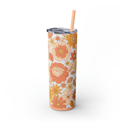 Peachy Retro Floral Skinny Tumbler-Mug-Printify-Olive Grove Coffee-Eco-friendly stainless steel 20oz tumbler with double-wall insulation-Modern Tumbler- Funky Tumblers - Funny tumblers - Trendy Tumblers - Artistic Tumbler