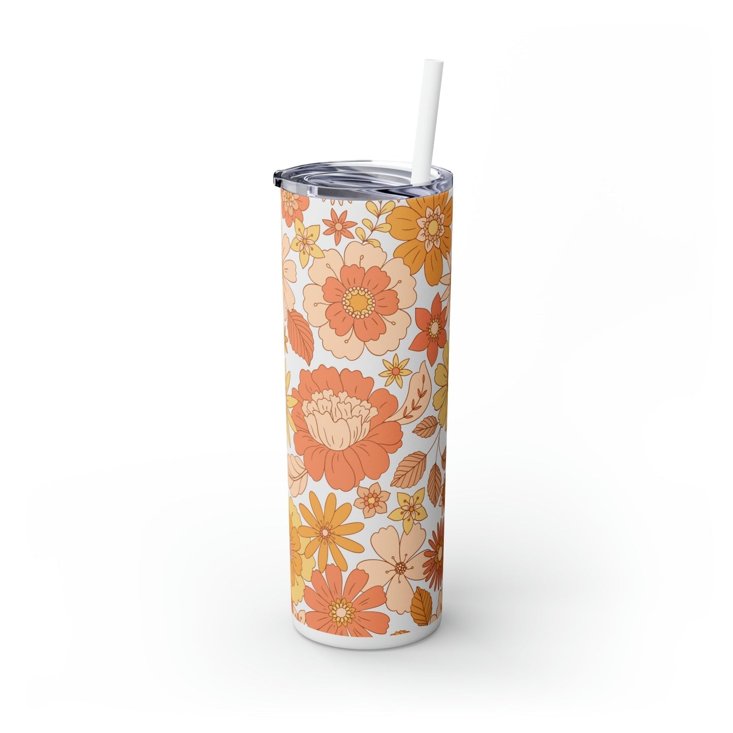 Peachy Retro Floral Skinny Tumbler-Mug-Printify-Olive Grove Coffee-Eco-friendly stainless steel 20oz tumbler with double-wall insulation-Modern Tumbler- Funky Tumblers - Funny tumblers - Trendy Tumblers - Artistic Tumbler