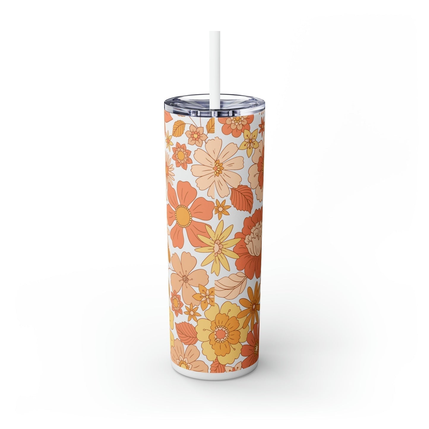 Peachy Retro Floral Skinny Tumbler-Mug-Printify-Olive Grove Coffee-Eco-friendly stainless steel 20oz tumbler with double-wall insulation-Modern Tumbler- Funky Tumblers - Funny tumblers - Trendy Tumblers - Artistic Tumbler