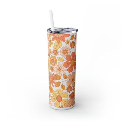 Peachy Retro Floral Skinny Tumbler-Mug-Printify-Olive Grove Coffee-Eco-friendly stainless steel 20oz tumbler with double-wall insulation-Modern Tumbler- Funky Tumblers - Funny tumblers - Trendy Tumblers - Artistic Tumbler