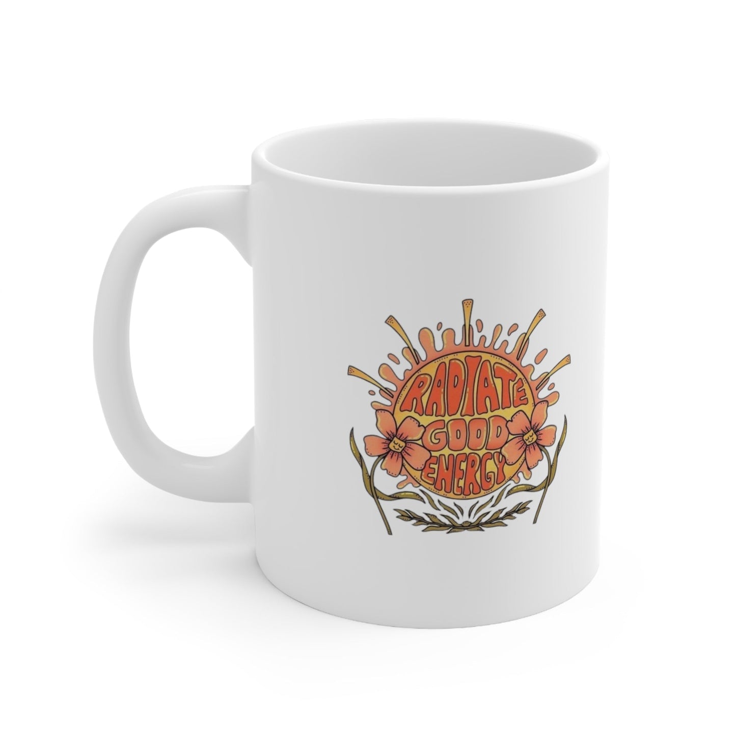 Radiate Good Energy Ceramic Mug-Mug-Printify-11oz-Olive Grove Coffee-ceramic coffee mugs-Modern mugs- Funky mugs- Funny mugs- Trendy mugs- Artistic mugs