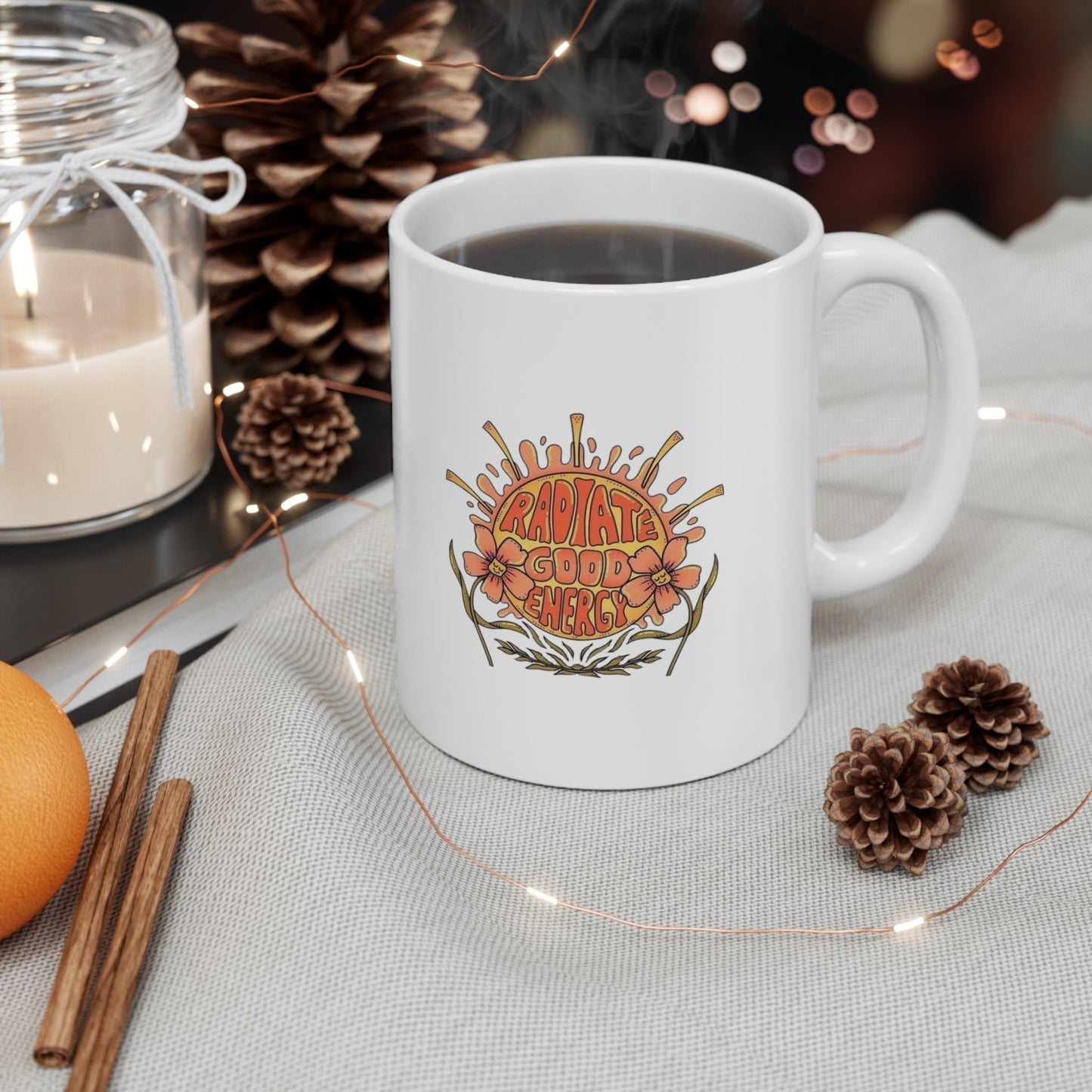 Radiate Good Energy Ceramic Mug-Mug-Printify-11oz-Olive Grove Coffee-ceramic coffee mugs-Modern mugs- Funky mugs- Funny mugs- Trendy mugs- Artistic mugs