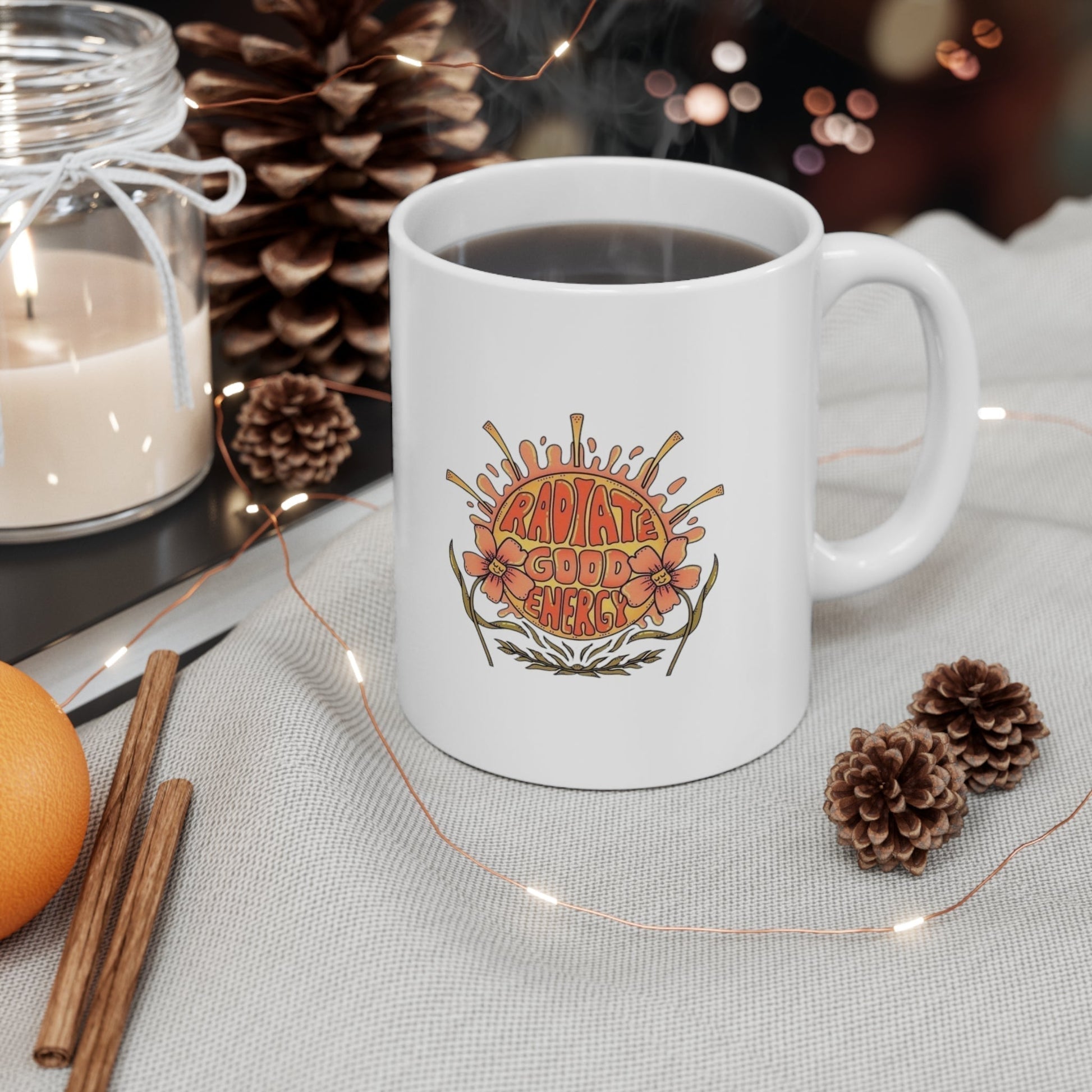 Radiate Good Energy Ceramic Mug-Mug-Printify-11oz-Olive Grove Coffee-ceramic coffee mugs-Modern mugs- Funky mugs- Funny mugs- Trendy mugs- Artistic mugs