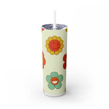 Retro Flowers & Smileys Skinny Tumbler-Mug-Printify-Olive Grove Coffee-Eco-friendly stainless steel 20oz tumbler with double-wall insulation-Modern Tumbler- Funky Tumblers - Funny tumblers - Trendy Tumblers - Artistic Tumbler