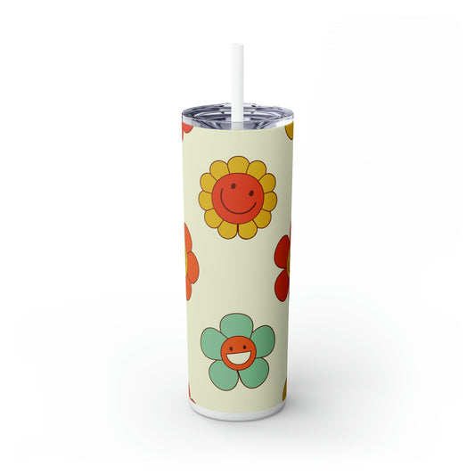 Retro Flowers & Smileys Skinny Tumbler-Mug-Printify-Olive Grove Coffee-Eco-friendly stainless steel 20oz tumbler with double-wall insulation-Modern Tumbler- Funky Tumblers - Funny tumblers - Trendy Tumblers - Artistic Tumbler