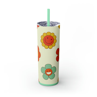 Retro Flowers & Smileys Skinny Tumbler-Mug-Printify-Olive Grove Coffee-Eco-friendly stainless steel 20oz tumbler with double-wall insulation-Modern Tumbler- Funky Tumblers - Funny tumblers - Trendy Tumblers - Artistic Tumbler