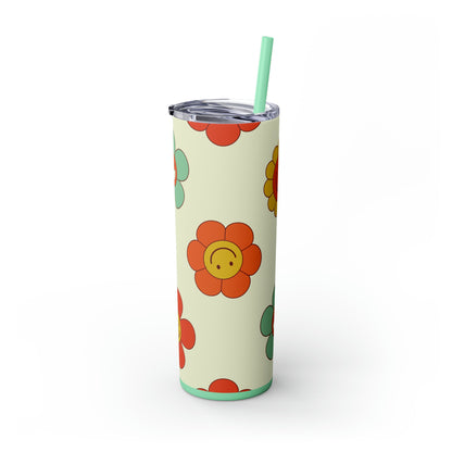 Retro Flowers & Smileys Skinny Tumbler-Mug-Printify-Olive Grove Coffee-Eco-friendly stainless steel 20oz tumbler with double-wall insulation-Modern Tumbler- Funky Tumblers - Funny tumblers - Trendy Tumblers - Artistic Tumbler