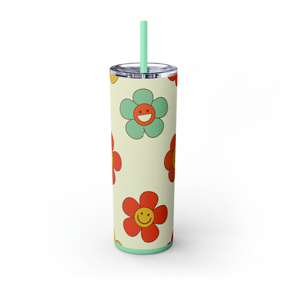 Retro Flowers & Smileys Skinny Tumbler-Mug-Printify-Olive Grove Coffee-Eco-friendly stainless steel 20oz tumbler with double-wall insulation-Modern Tumbler- Funky Tumblers - Funny tumblers - Trendy Tumblers - Artistic Tumbler