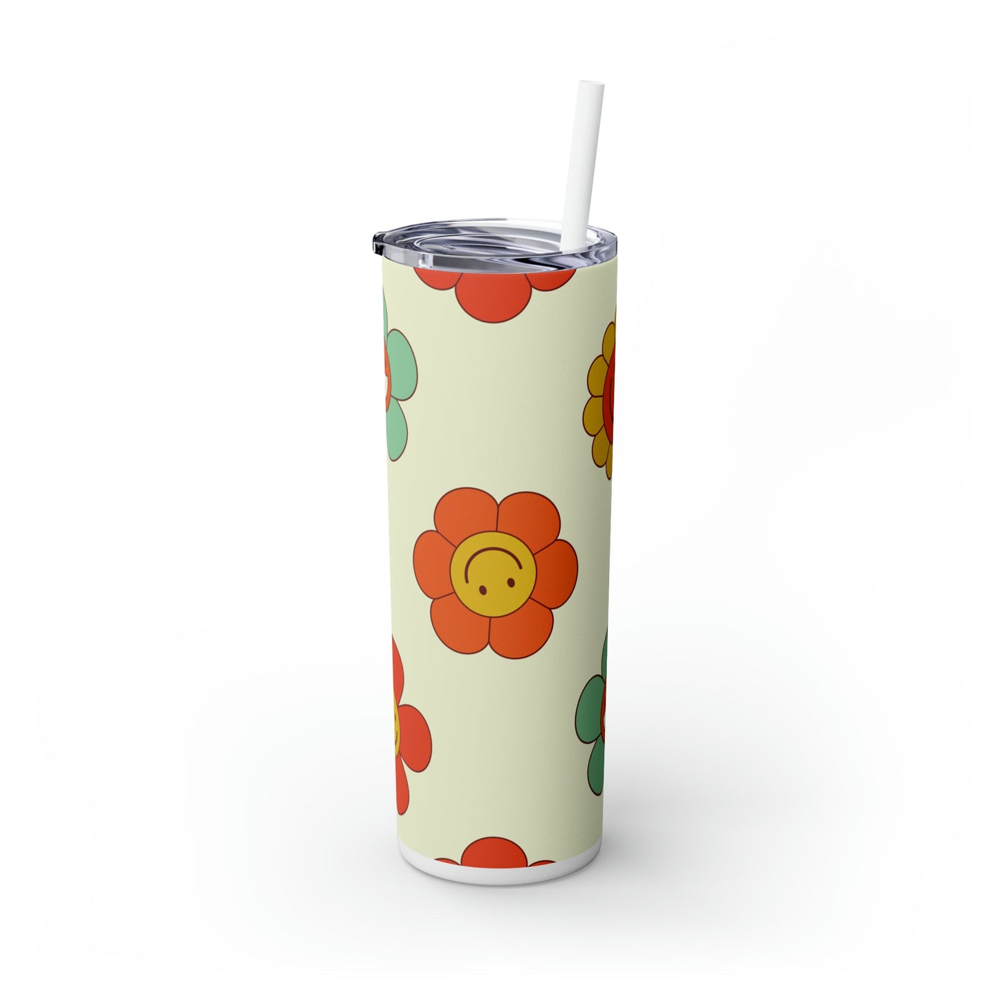 Retro Flowers & Smileys Skinny Tumbler-Mug-Printify-Olive Grove Coffee-Eco-friendly stainless steel 20oz tumbler with double-wall insulation-Modern Tumbler- Funky Tumblers - Funny tumblers - Trendy Tumblers - Artistic Tumbler