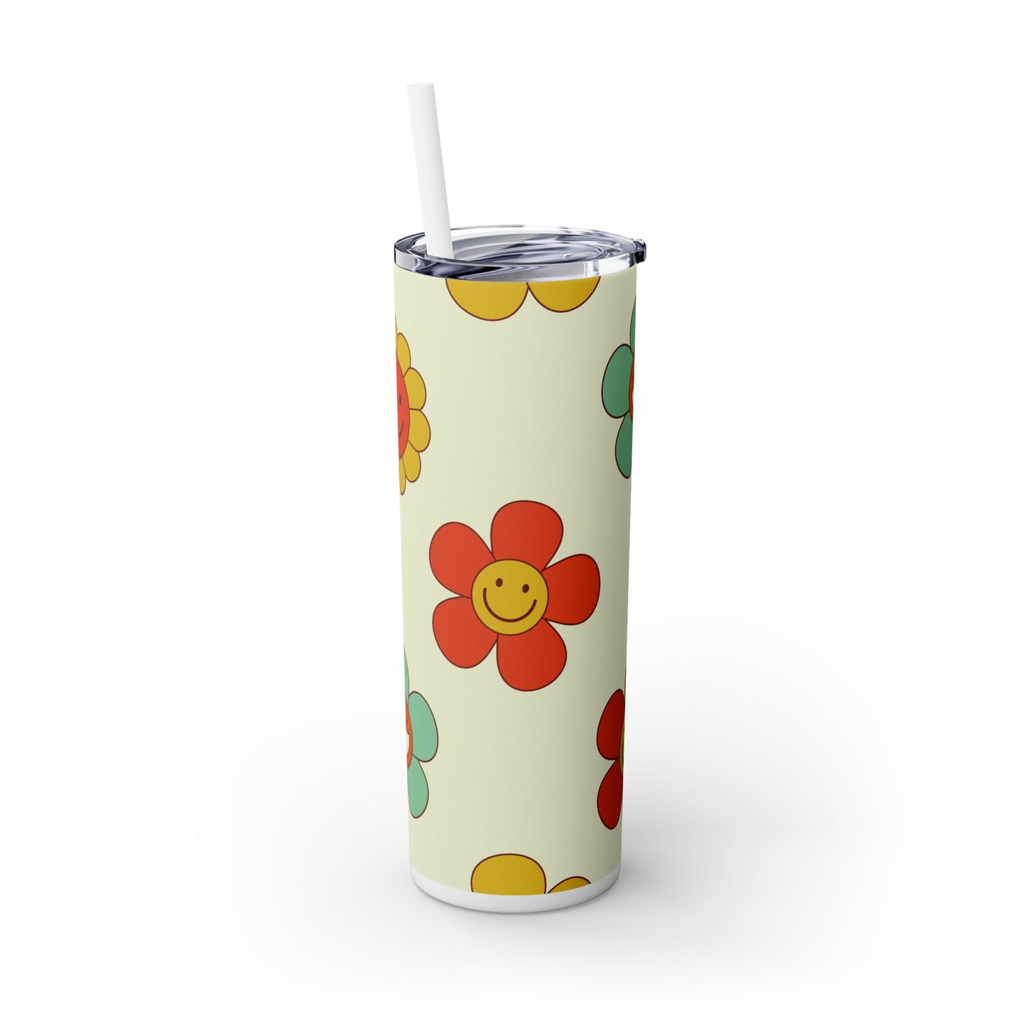 Retro Flowers & Smileys Skinny Tumbler-Mug-Printify-Olive Grove Coffee-Eco-friendly stainless steel 20oz tumbler with double-wall insulation-Modern Tumbler- Funky Tumblers - Funny tumblers - Trendy Tumblers - Artistic Tumbler